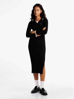 black ribbed slim midi polo dress for women tommy jeans