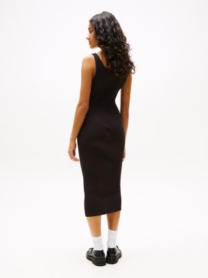 schwarz geripptes slim fit midi-bodycon-kleid für damen - tommy jeans