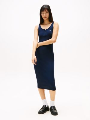 blue ribbed midi slim bodycon dress for women tommy jeans