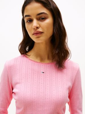 pink pointelle slim long sleeve t-shirt for women tommy jeans