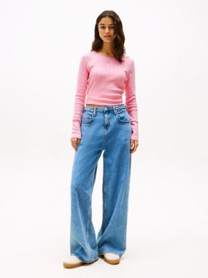 pink pointelle slim long sleeve t-shirt for women tommy jeans