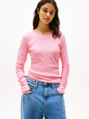 pink slim fit longsleeve t-shirt met ajourmotief voor dames - tommy jeans