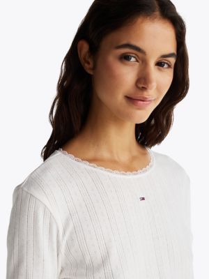 camiseta de manga larga en punto pointelle blanco de mujeres tommy jeans