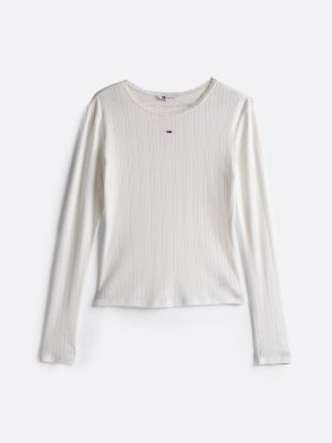 camiseta de manga larga en punto pointelle blanco de mujeres tommy jeans