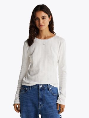 white slim fit pointelle-langarmshirt für damen - tommy jeans