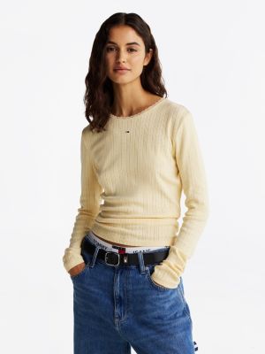 yellow slim fit longsleeve t-shirt met ajourmotief voor dames - tommy jeans