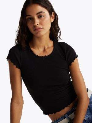 black ruffle sleeve ribbed slim t-shirt for women tommy jeans