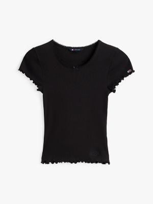 black ruffle sleeve ribbed slim t-shirt for women tommy jeans