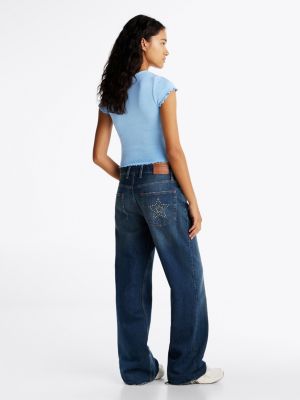 blue ruffle sleeve ribbed slim t-shirt for women tommy jeans