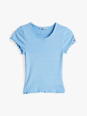 blue ruffle sleeve ribbed slim t-shirt for women tommy jeans