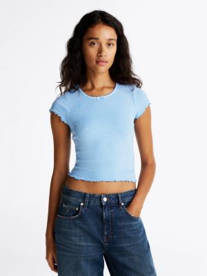 blue ruffle sleeve ribbed slim t-shirt for women tommy jeans