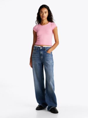 pink ruffle sleeve ribbed slim t-shirt for women tommy jeans