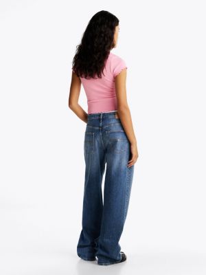 pink ruffle sleeve ribbed slim t-shirt for women tommy jeans