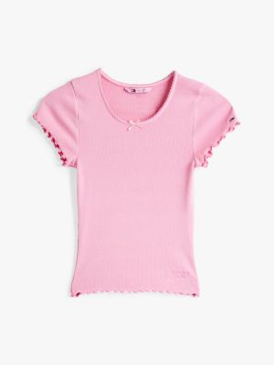 pink ruffle sleeve ribbed slim t-shirt for women tommy jeans