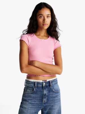 pink ruffle sleeve ribbed slim t-shirt for women tommy jeans