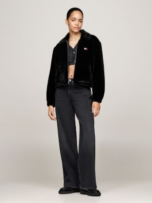 black faux fur zip-thru cropped jacket for women tommy jeans