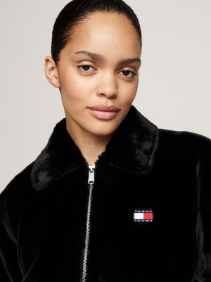 black faux fur zip-thru cropped jacket for women tommy jeans