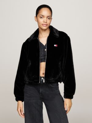 black faux fur zip-thru cropped jacket for women tommy jeans