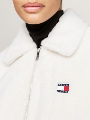 beige faux fur zip-thru cropped jacket for women tommy jeans