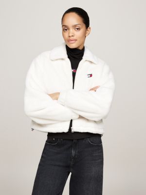 beige faux fur zip-thru cropped jacket for women tommy jeans