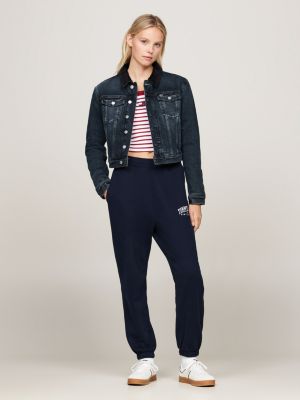 blauw izzie gewatteerd denim truckerjack met fading voor dames - tommy jeans