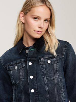 blauw izzie gewatteerd denim truckerjack met fading voor dames - tommy jeans