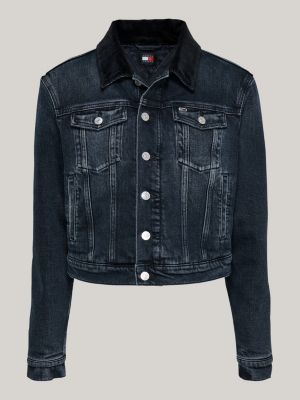 blauw izzie gewatteerd denim truckerjack met fading voor dames - tommy jeans