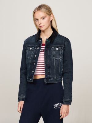 blue izzie gewatteerd denim truckerjack met fading voor dames - tommy jeans