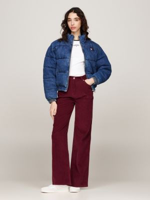 blau pufferjacke aus denim mit fade-effekten für damen - tommy jeans