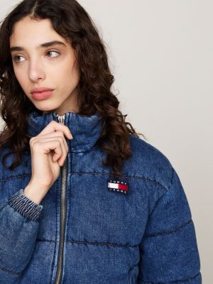 blue faded denim puffer jacket for women tommy jeans