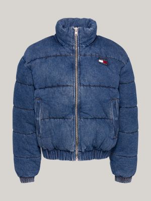 blue faded denim puffer jacket for women tommy jeans