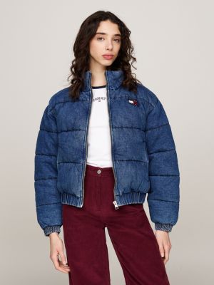 blue faded denim puffer jacket for women tommy jeans