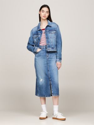 veste trucker courte ajustée en denim bleu pour femmes tommy jeans
