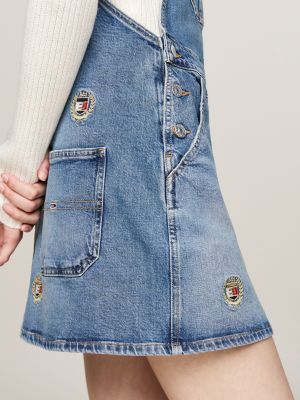 vestito salopette mini in denim con ricami blu da donne tommy jeans