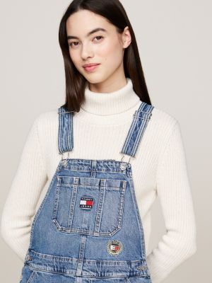 vestito salopette mini in denim con ricami blu da donne tommy jeans