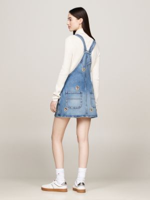 vestito salopette mini in denim con ricami blu da donne tommy jeans