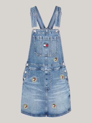 vestito salopette mini in denim con ricami blu da donne tommy jeans