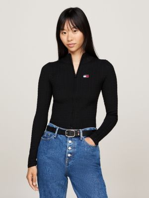 black tommy badge slim zip-thru cardigan for women tommy jeans