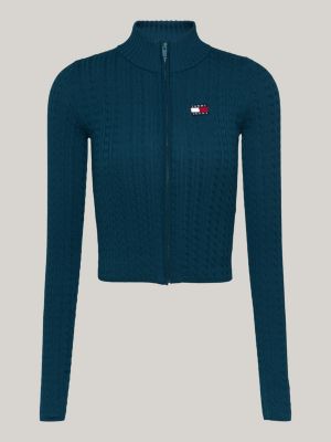 cardigan slim fit con zip e distintivo tommy verde da donne tommy jeans