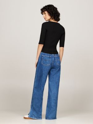 black square neck half sleeve slim jumper for women tommy jeans