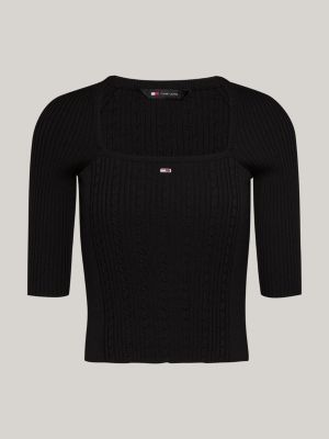 black square neck half sleeve slim jumper for women tommy jeans