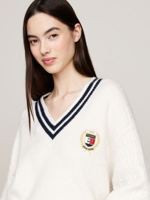 pullover tommy prep in maglia intrecciata bianco da donne tommy jeans