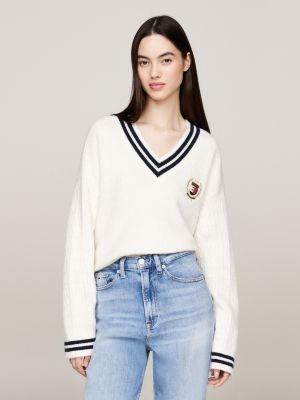 pullover tommy prep in maglia intrecciata white da donne tommy jeans