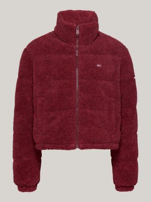 red teddy fleece cropped puffer jacket for women tommy jeans