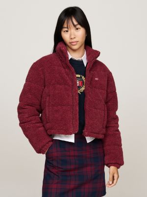 red teddy fleece cropped puffer jacket for women tommy jeans