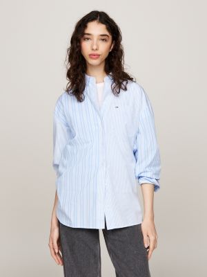 blue mixed stripe oversized shirt for women tommy jeans