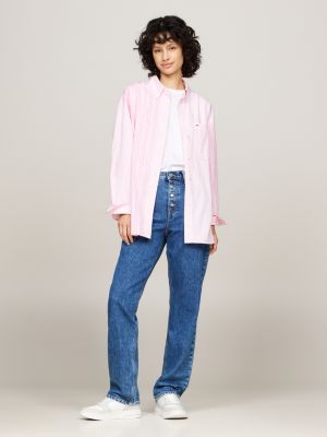 roze oversized overhemd met gemengde streep voor dames - tommy jeans