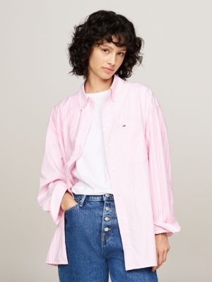 pink oversized overhemd met gemengde streep voor dames - tommy jeans