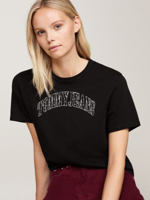 zwart boxy t-shirt met logo-appliqué voor dames - tommy jeans