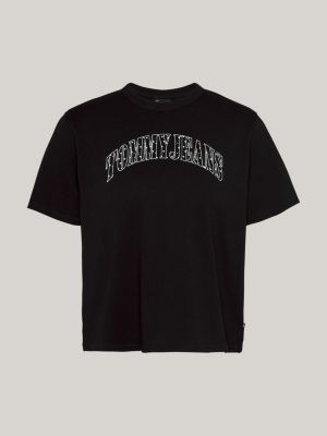 t-shirt squadrata con applique del logo nero da donne tommy jeans